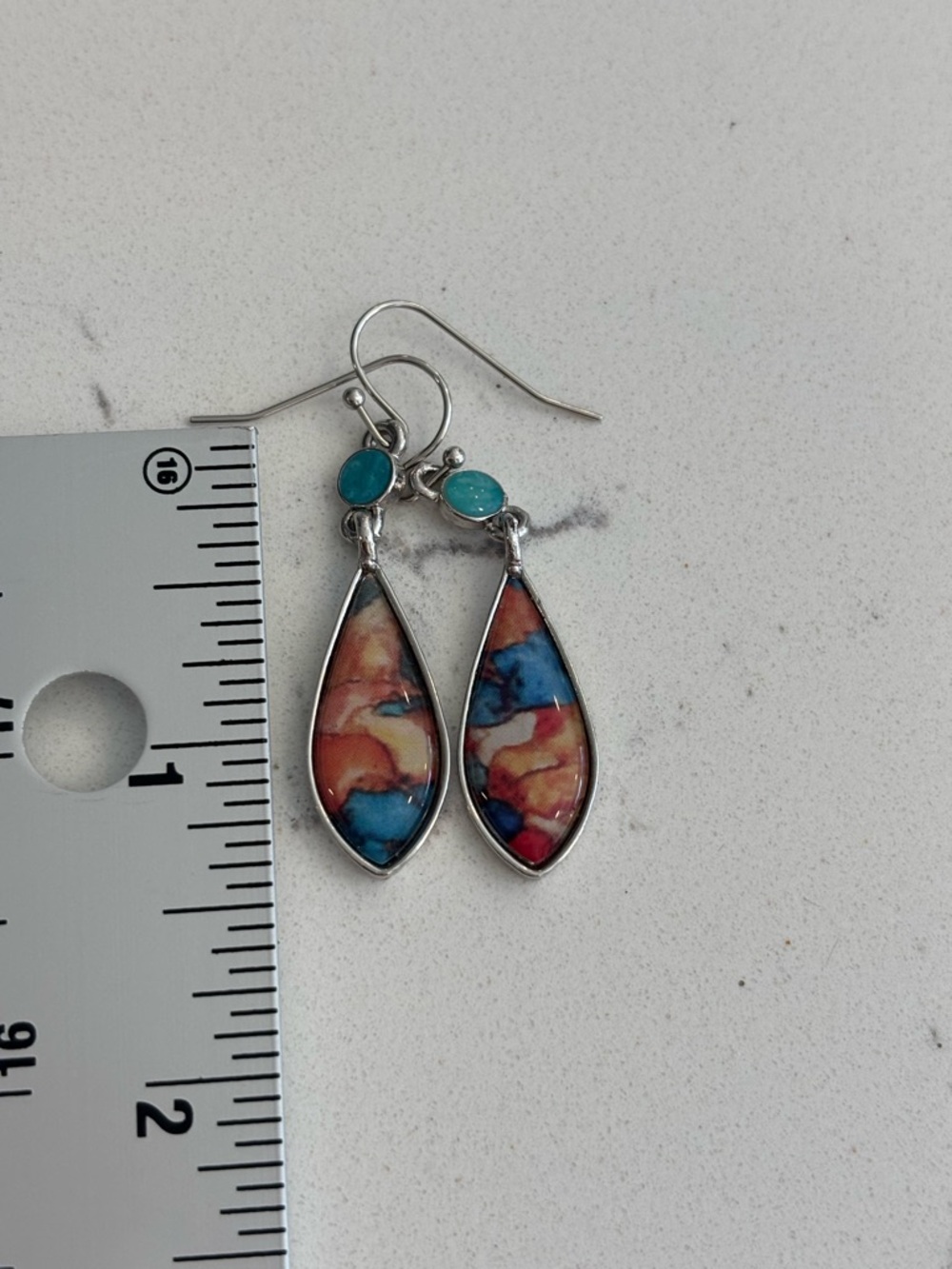 Teardrop Multi-Color Resin Dangle Earrings - Turquoise Accent - Picture 3 of 3